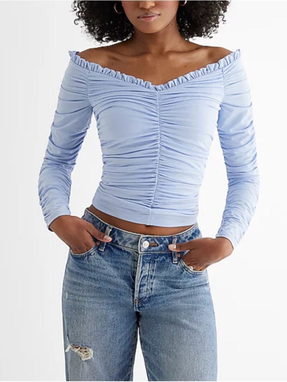 Express Light Blue Off-the-Shoulder Ruched Long Sleeve Bodysuit size S